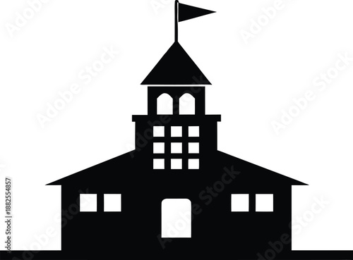 Solid black silhouette icon of traditional school building with flag, vector illustration