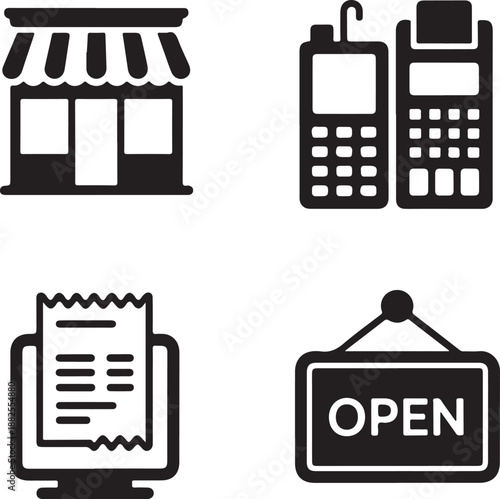 Retail shop, POS terminal, receipt and open sign icon set