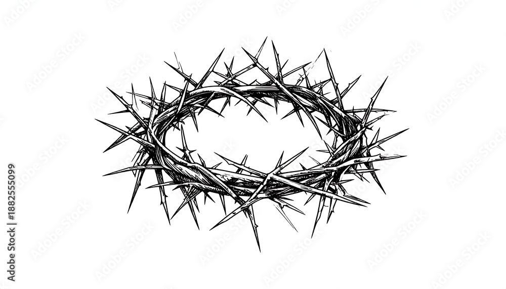 Fototapeta premium A stark, grayscale illustration featuring a stylized, circular crown composed entirely of thorns on a white background