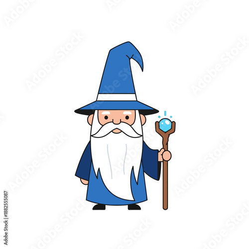 Cute Wizard Character with Blue Hat and Staff