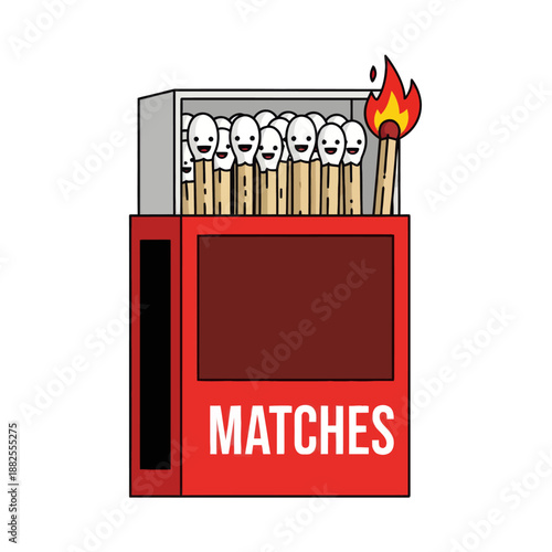 Funny Matchbox with Happy Matches and One Lit Match