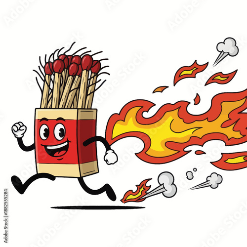 Cartoon matchbox running with fire trail, funny illustration