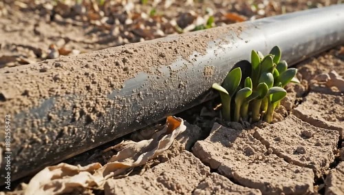 Wallpaper Mural Water dripping from a pipe in dry cracked earth, nurturing a small plant. Torontodigital.ca