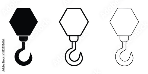 Crane hook icon set, crane hook symbol silhouette vector, heavy machinery, and cargo handling