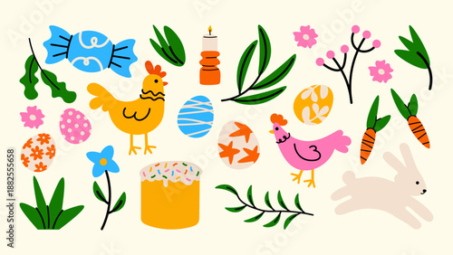 Sweet Easter sticker collection featuring chickens, bunnies, eggs, candles, florals, green leaves and traditional Easter cake. Soft shapes, friendly characters and joyful spring holiday aesthetic.