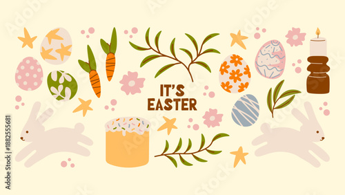 Retro 90s Easter stickers with cute bunnies, decorated eggs and floral elements. Playful groovy doodle vector set.