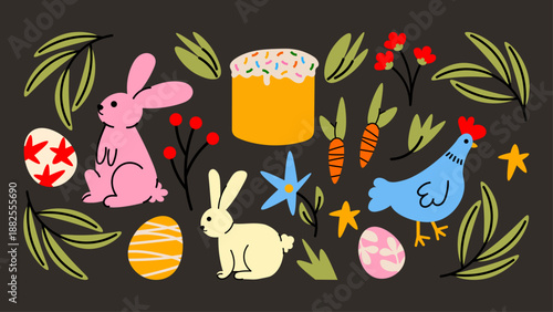 Retro 90s Easter cartoon stickers with joyful rabbits, colorful eggs, floral elements and Easter baskets. Bold groovy forms, hand-drawn doodle style and bright festive vibes.