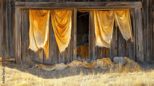Tattered strips of faded fabric hang from the weathered wooden wall of an abandoned building with dry grass in the foreground