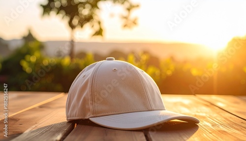 A beige cap placed on a wooden table outdoors at sunrise with a blurred green background