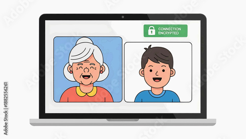 An older woman and a young man engaging in a video call on a laptop screen with a secure connection icon displayed