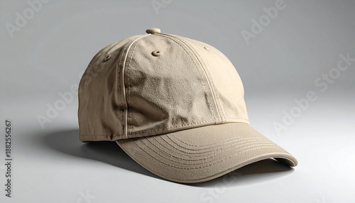 A beige canvas cap placed on a flat surface, soft studio lighting, viewed from the side
