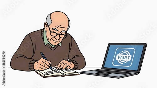 Elderly man working on paperwork with a pen while using a laptop with a VAIT logo on the screen in a calm environment from a front viewpoint