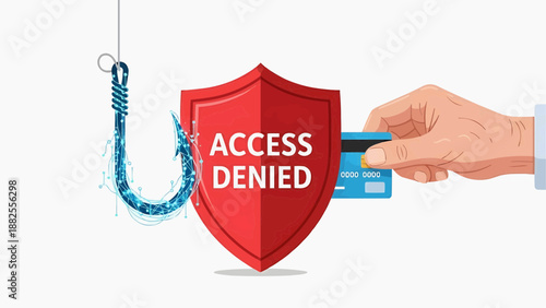 A hand holding a credit card is being denied access by a shield with a fishing hook
