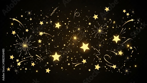 Abstract gold stars and sparkles on a black background celebratory design