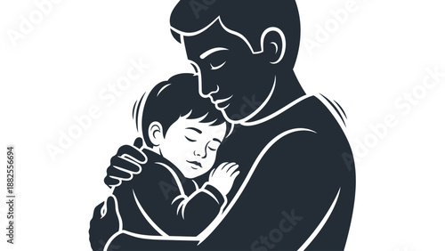 Father hugging his sleeping child, fatherhood and parental love concept, black and white silhouette illustration.