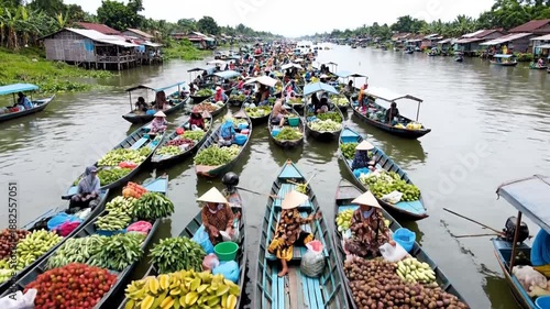 Vibrant traditional Asian floating market, bustling river commerce of fresh produce.


