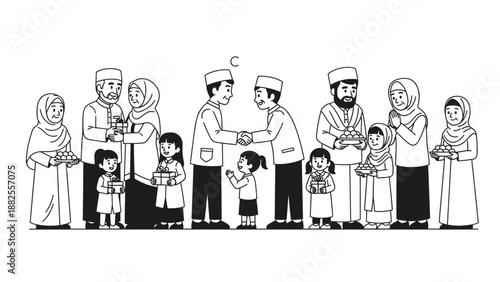 Happy Muslim family celebrating Eid al-Fitr, exchanging gifts and greetings, line art illustration.