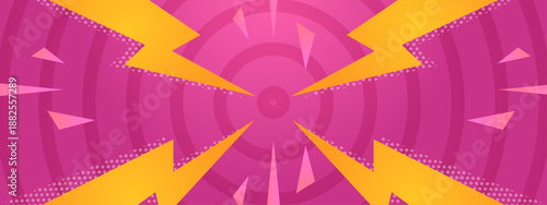 Energetic burst design featuring bright yellow thunder bolts on a pink concentric circle pattern