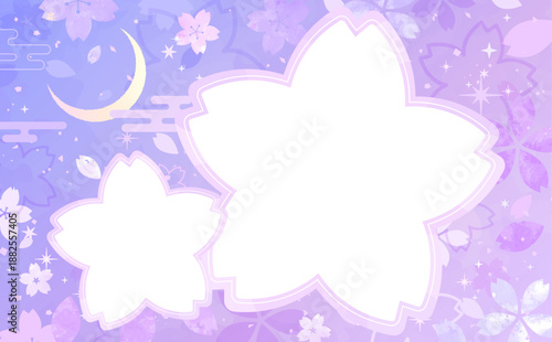 夜桜の手描き風背景とシルエットフレーム_横