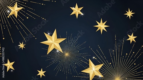 Abstract illustration of golden stars and radiant lines on a dark blue background