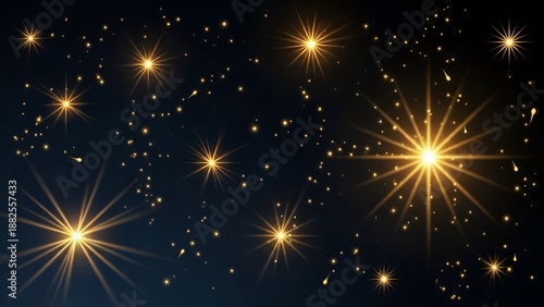 Abstract illustration of shining stars with golden flares in the dark blue space