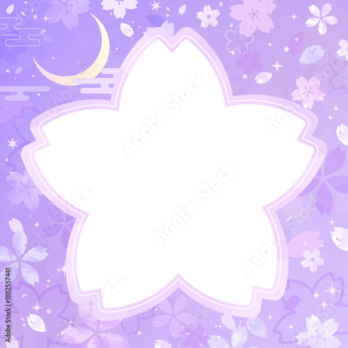 夜桜の手描き風背景とシルエットフレーム_正方形