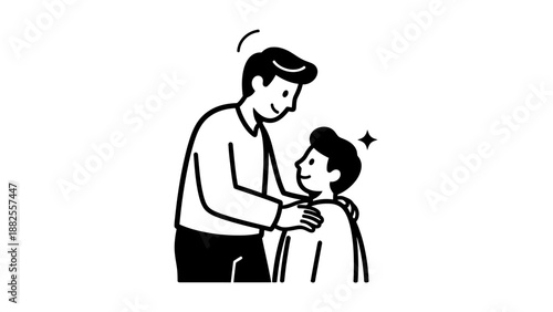 Minimalist black and white line art illustration of a father putting his hand on his son's shoulder, showing support and love.