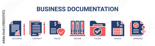 Business Documentation web banner icon vector illustration concept for business with icon of document, contract, policy, archive, folder, invoice, and approved.