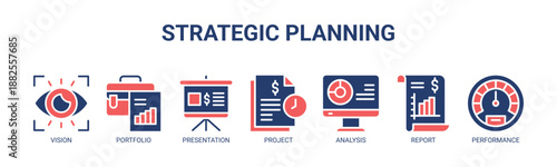 Strategic Planning web banner icon vector illustration concept for business with icon of vision, portfolio, presentation, project, analysis, report, and performance.