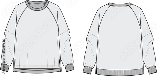 Fashion flat sketch of a light grey crew neck raglan sleeve sweatshirt with ribbed cuffs and hem and side slits