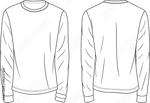 Front and back view flat sketch of a long sleeve t-shirt with crew neck and ribbed cuffs on a white background Keywords: t-shirt, long sleeve, crew neck, ribbed cuffs, flat