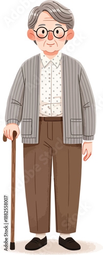 Illustrated elderly man with grey hair and round glasses holding a walking cane.