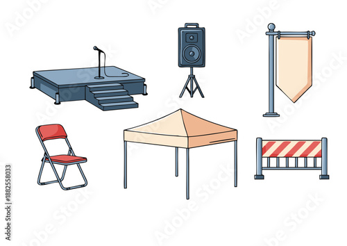 outdoor event festival and concert stage equipment icons vector illustration