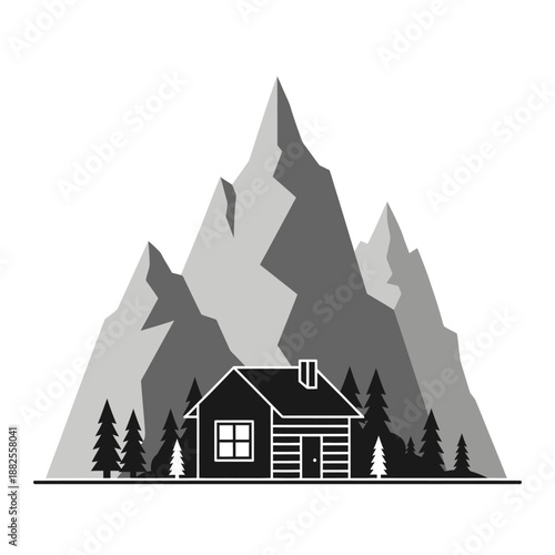 Rustic cabin nestled against majestic, craggy mountains and pine forest, monochrome.