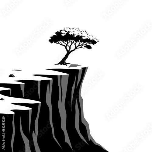 Solitary Tree on Cliff Edge, Minimalist Black and White Vector Art