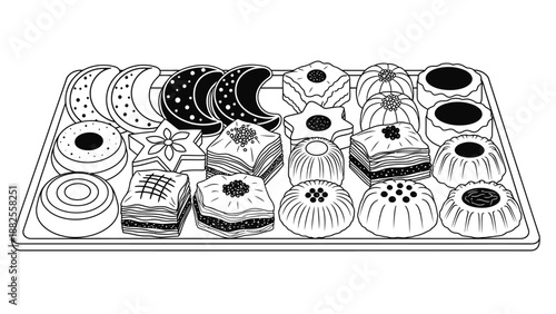 Assorted traditional cookies and Middle Eastern pastries on a tray, Eid sweets and Ramadan snack line art.