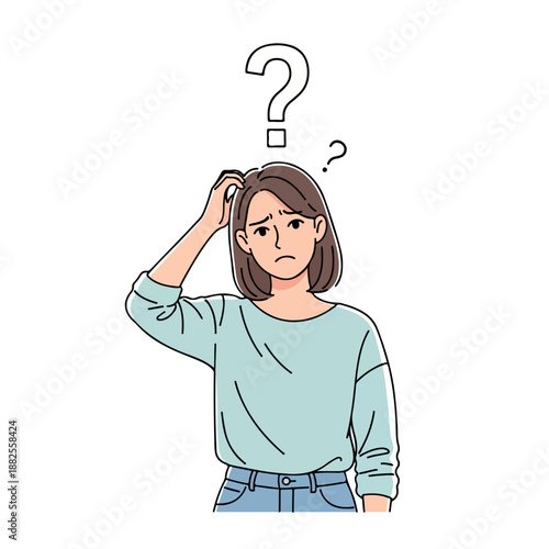 Cartoon illustration of a puzzled young woman scratching her head with question marks above, on a white background with a thoughtful mood.