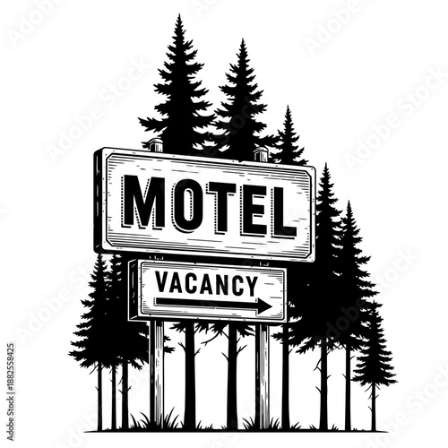 Retro Motel Vacancy Sign in Forest, Vintage Roadside Attraction, Black and White
