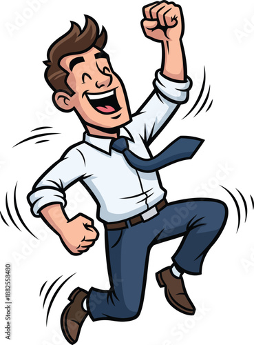 Joyful cartoon businessman in a white shirt and blue tie jumping with a triumphant fist pump.