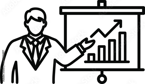 Minimalist line art icon of a businessman in a suit presenting a rising bar graph on a screen.