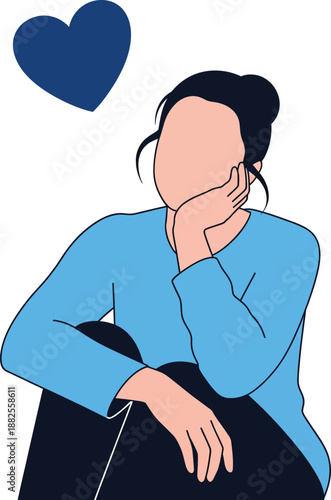 Pensive faceless woman in a blue shirt sitting and daydreaming with a floating blue heart.
