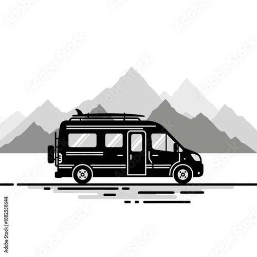 Black camper van with surfboard on roof rack, mountains background, travel illustration