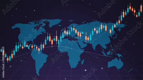 Dynamic digital stock market data visualization on a global map, illustrating financial trends, economic growth, and trading analytics with interactive candlestick charts