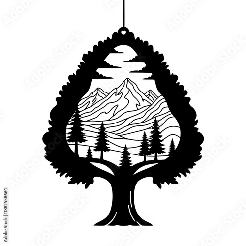 Nature Scene Silhouette: Tree with Mountains, Pines, and Clouds