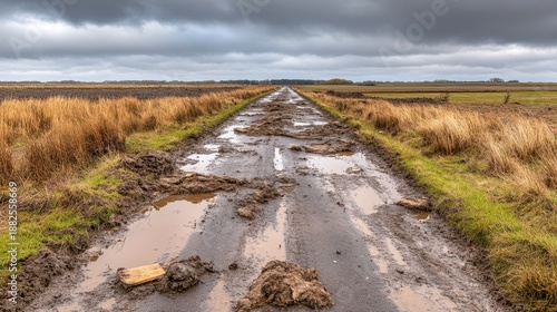 A muddy dirt road with puddles and debris stretches through a rural landscape under an overcast sky