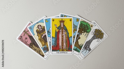 Tarot cards spread on table