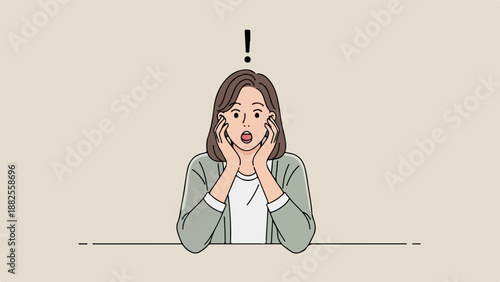 Cartoon illustration of a surprised woman with her hands on her cheeks and an exclamation mark above her head on a beige background.