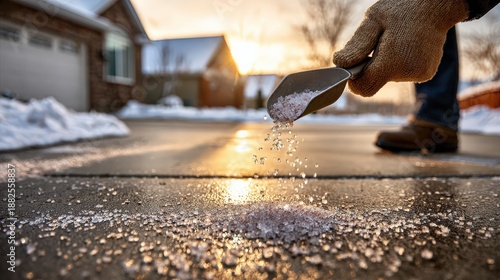 Icy Driveway Rock Salt Spreading Close-Up