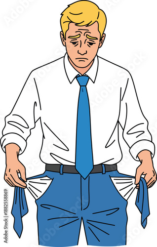 Sad cartoon businessman with blonde hair showing his empty blue trouser pockets.