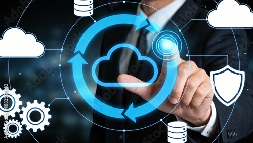 Businessman interacting with cloud technology interface